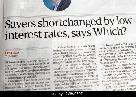 "I risparmiatori sono corrotti dai bassi tassi di interesse, dice quale?" Magazine Guardian titolo del giornale Banca d'Inghilterra articolo 30 maggio 2023 Londra Regno Unito Foto Stock