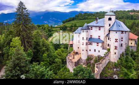 Suggestivi castelli medievali da fiaba d'Italia - bellissimo Castel Bragher in Trentino alto Adige. circondato da vigneti e boschi. vista aerea con drone Foto Stock