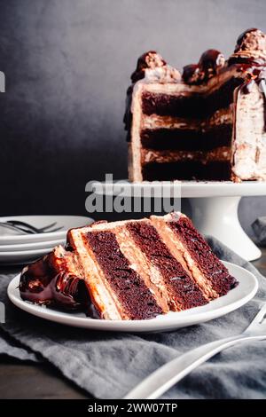 Fetta di torta al cioccolato alle nocciole ricoperta di ganache al cioccolato e caramelle alle nocciole: Torta a strati di cioccolato a fette su un piatto da dessert con una forchetta Foto Stock