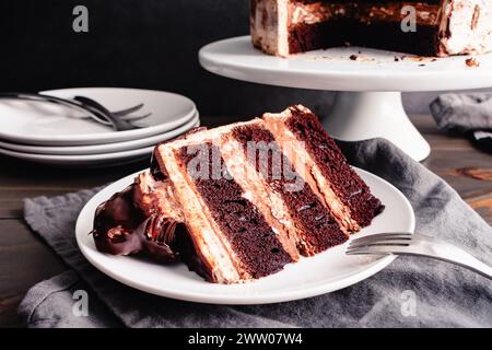 Fetta di torta al cioccolato alle nocciole ricoperta di ganache al cioccolato e caramelle alle nocciole: Torta a strati di cioccolato a fette su un piatto da dessert con una forchetta Foto Stock