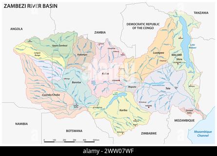 Mappa vettoriale dettagliata del bacino del fiume Zambesi Foto Stock