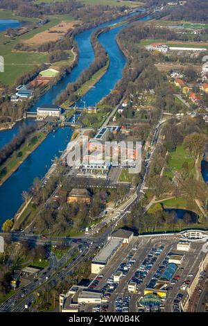 Luftbild, Gymnasium Hammonense und Wassersportzentrum, Baustelle auf der Adenauerallee, Mitte, Hamm, Ruhrgebiet, Nordrhein-Westfalen, Deutschland ACHTUNGxMINDESTHONORARx60xEURO *** Vista aerea, palestra Hammonense e centro di sport acquatici, cantiere in Adenauerallee, Mitte, Hamm, regione della Ruhr, Renania settentrionale-Vestfalia, Germania ATTENTIONxMINDESTHONORARx60xEURO Foto Stock