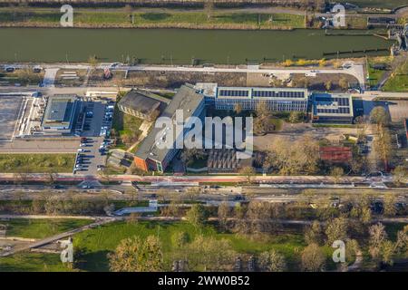 Luftbild, Gymnasium Hammonense und Wassersportzentrum, Baustelle auf der Adenauerallee, Mitte, Hamm, Ruhrgebiet, Nordrhein-Westfalen, Deutschland ACHTUNGxMINDESTHONORARx60xEURO *** Vista aerea, palestra Hammonense e centro di sport acquatici, cantiere in Adenauerallee, Mitte, Hamm, regione della Ruhr, Renania settentrionale-Vestfalia, Germania ATTENTIONxMINDESTHONORARx60xEURO Foto Stock
