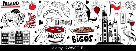 Le icone di viaggio della Polonia sono un set di simboli dei piatti tradizionali polacchi, degli animali, della bandiera e dell'architettura. Bisonte e castoro, e cabani. Traduzione in inglese di Illustrazione Vettoriale