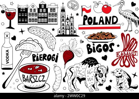 Le icone di viaggio della Polonia sono un set di simboli dei piatti tradizionali polacchi, degli animali, della bandiera e dell'architettura. Bisonte e castoro, e cabani. Traduzione in inglese di Illustrazione Vettoriale