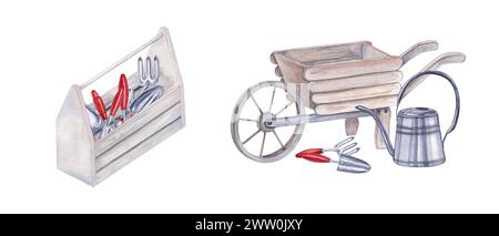 Strumenti da giardino ad acquerello. Annaffiatoio, carriola, cazzuola, forchetta per la fioritura e il giardinaggio. Cassetta in legno per utensili. Lavori primaverili in giardino. Foto Stock