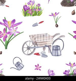 Motivo a molla senza cuciture. Fiori di croco, bulbi. Prato con zafferano. Utensili da giardino, carriola e bomboletta per innaffiare. Piantare fiori, innaffiare. Foto Stock