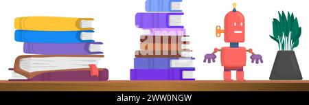 Ripiano in legno con pile di libri e giocattoli. Arredi per camere Illustrazione Vettoriale