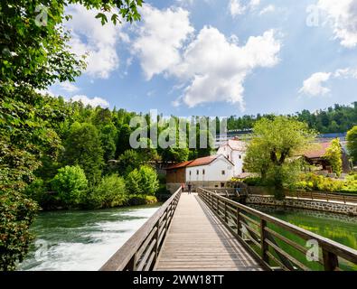 Storico mulino Modrijan (mulino inferiore) sul fiume Pivka nel Parco Postojnska Jama (Parco delle grotte di Postumia), Slovenia, Europa centrale e orientale Foto Stock