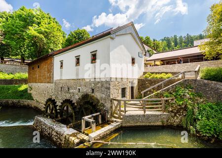 Ruote ad acqua presso lo storico mulino Modrijan (mulino inferiore) sul fiume Pivka nel parco Postojnska Jama (Parco delle grotte di Postumia), Slovenia, Europa centrale e orientale Foto Stock