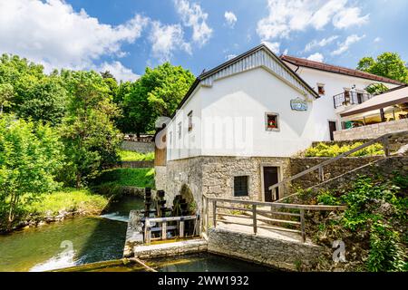 Ruote ad acqua presso lo storico mulino Modrijan (mulino inferiore) sul fiume Pivka nel parco Postojnska Jama (Parco delle grotte di Postumia), Slovenia, Europa centrale e orientale Foto Stock