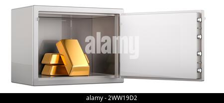 Inserti dorati in cassaforte con blocco a combinazione, rendering 3D isolato su sfondo bianco Foto Stock
