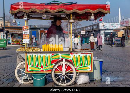 Un venditore ambulante che vende castagne e mais sulla pannocchia a Istanbul, in Turchia Foto Stock