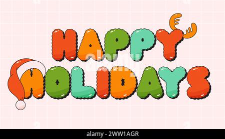 Cartolina natalizia. Noel Happy Holidays testo con cappello e corna. Illustrazione Vettoriale