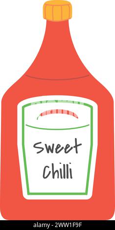 Bottiglia di salsa al peperoncino dolce. Contenitore per condimenti rosso Illustrazione Vettoriale