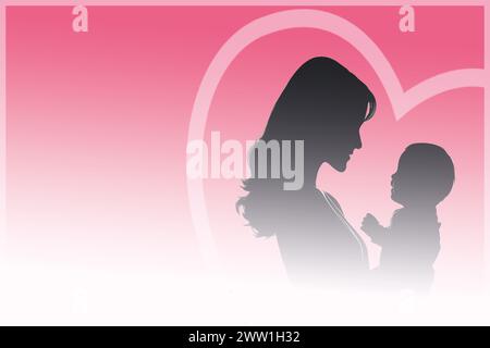Una tenera silhouette di una madre che tiene in braccio il bambino, racchiusa nel cuore, ideale per la festa della mamma. Illustrazione Vettoriale