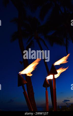 Un fuoco brucia nelle torce tiki in una scena tropicale con palme al tramonto sulla spiaggia di Waikiki alle Hawaii Foto Stock