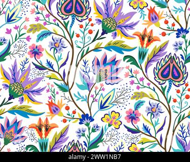 Ricco motivo floreale vivace e colorato in stile vittoriano per decori, carta da parati e design in tessuto. Illustrazione vettoriale. Illustrazione Vettoriale