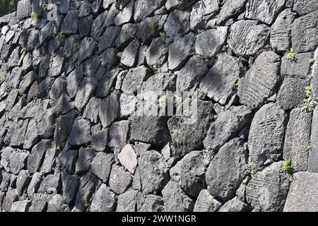 Muro di fossato in pietra vicino al palazzo imperiale di tokyo - Chiyoda, Tokyo, Giappone - 28 febbraio 2024 Foto Stock