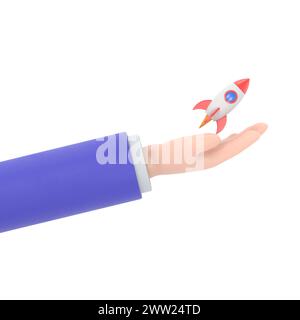 Icona dei gesti dei cartoni animati Mockup.Cartoon mano 3d che tiene in mano un razzo di criptovaluta bitcoin che decolla.rendering 3D su sfondo bianco. Foto Stock