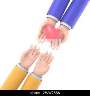 Genitori e bambini che tengono in mano il cuore rosso. san valentino. Concetto di relazione, famiglia e donazione. Design creativo cartoon.3D rend Foto Stock