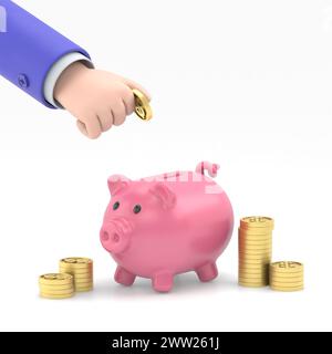 Uomo d'affari isometrico 3d piatto che mette la moneta da un dollaro nel salvadanaio. Concetto di risparmio economico e finanziario.rendering 3D su sfondo bianco. Foto Stock