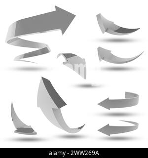 Frecce, schizzo e grafica 3D con puntamento in una direzione verso la destinazione con illustrazione con sfondo bianco. Icona, puntatore e forma con disegno a. Foto Stock