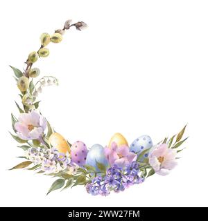 Illustrazione di Pasqua con acquerello, modello di fiori primaverili, salici e uova colorate. Sfondo acquerello con crocchi in fiore, gigli della V Foto Stock