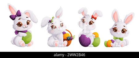 Set di simpatici coniglietti di Pasqua bianchi. Soffice coniglietto con uova festose, un simbolo della festa di Pasqua. Stile cartoni animati, illustrazione vettoriale. Illustrazione Vettoriale