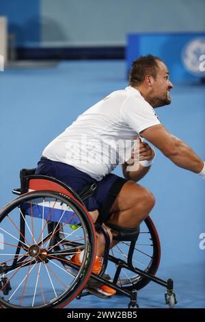 L'olandese Tom Egberink ha vinto la medaglia d'argento nella finale maschile di tennis su sedia a rotelle alle Paralimpiadi di Tokyo 2020, sconfitto da Shingo Kunieda (non in foto). Shingo Kunieda ha vinto contro Tom Egberink 6-1 6-2 Foto Stock