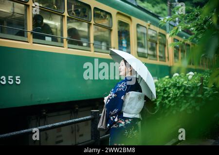 Una donna in kimono si trova accanto a un treno Foto Stock