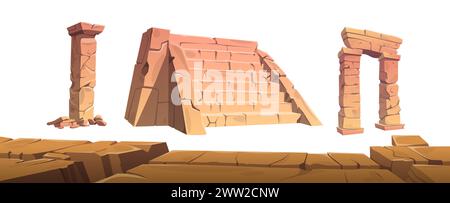 Rovine in pietra di antichi edifici in pietra rotti. Ingresso nella roccia ad arco, parte di colonna di mattoni e scale. Le illustrazioni vettoriali dei cartoni animati rappresentano pezzi di architettura abbandonata e la costruzione di un vecchio tempio. Illustrazione Vettoriale