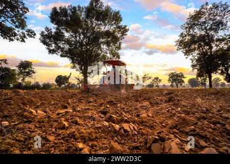 Il trattore ara il terreno e si prepara a piantare la manioca. Concetto agricolo e agricolo. Foto Stock