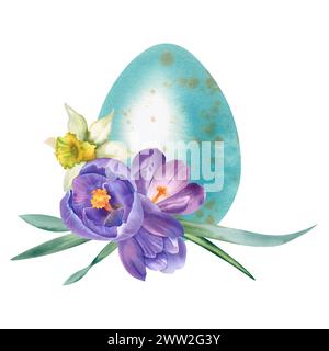L'uovo di Pasqua è blu con fiori di crocchi, narcisi e gocce di neve. Illustrazione acquerello su sfondo bianco. Dipinto a mano. Un uovo di quaglia Foto Stock