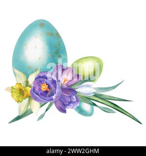 L'uovo di Pasqua è blu con fiori di crocchi, narcisi e gocce di neve. Illustrazione acquerello su sfondo bianco. Dipinto a mano. Un uovo di quaglia Foto Stock