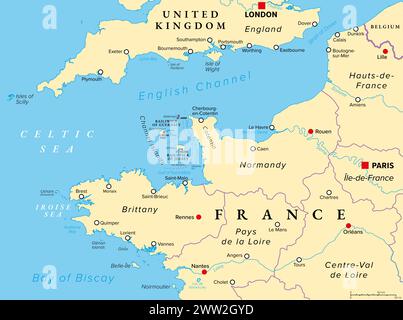 Francia settentrionale, mappa politica. Costa della Francia e del Regno Unito lungo il Canale della Manica, e lungo il Golfo di Biscaglia, con le Isole del Canale. Foto Stock