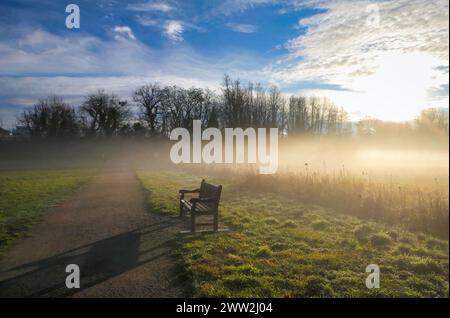 Una panchina posta su una strada sterrata in un campo nebbioso a Spa Park, Bad Krozingen, Germania. Foto Stock