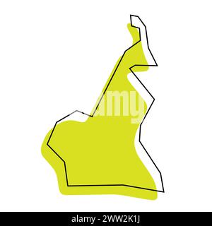 Mappa semplificata del paese del Camerun. Silhouette verde con contorno nero sottile isolato su sfondo bianco. Semplice icona vettoriale Illustrazione Vettoriale
