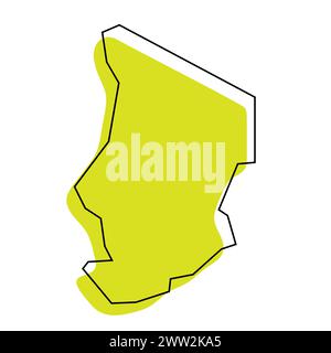 Mappa semplificata del paese del Ciad. Silhouette verde con contorno nero sottile isolato su sfondo bianco. Semplice icona vettoriale Illustrazione Vettoriale
