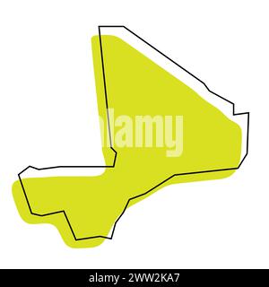 Mappa semplificata del paese del Mali. Silhouette verde con contorno nero sottile isolato su sfondo bianco. Semplice icona vettoriale Illustrazione Vettoriale