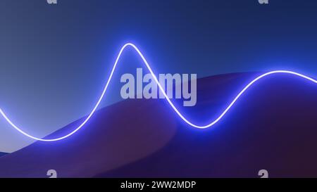 illustrazione 3d, linea luminosa al neon nel deserto di notte Foto Stock