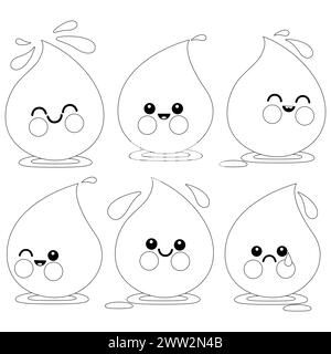 Personaggi a goccia d'acqua dei cartoni animati. Gocce di liquido dolce. Pagina da colorare in bianco e nero Foto Stock