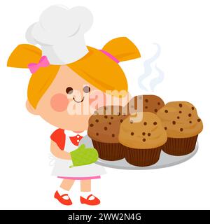 Bambino fornaio con dolci dolci dolci. Ragazza al forno con muffin appena sfornati. Foto Stock