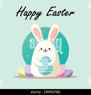 Buon giorno di Pasqua, simpatico coniglietto pasquale, Coniglio, biglietto d'auguri, poster, coniglietto pasquale con uova colorate, coniglio che tiene uova, uovo modello Illustrazione Vettoriale