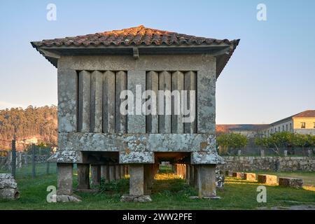 Il più grande horreo della Galizia, un tipico hórreo nel monastero di San Juan de Poio, Pontevedra, Spagna Foto Stock