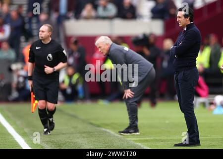 Aston Villa Manager Unai Emery - West Ham United V Aston Villa, Premier League, London Stadium, Londra, Regno Unito - 17 marzo 2024 solo uso editoriale - si applicano restrizioni DataCo Foto Stock