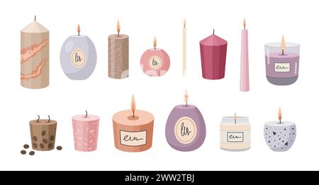 Set di candele per aromaterapia. Varie candele isolate su sfondo bianco. Illustrazione vettoriale disegnata a mano. Diverse collezioni di candele. Candele artigianali. Design piatto Illustrazione Vettoriale