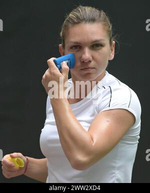 MIAMI GARDENS, FLORIDA - 20 MARZO: Simona Halep applica la protezione solare durante il Miami Open Day 3. Simona Halep è un tennista professionista rumeno. La Women's Tennis Association ha classificato il suo numero mondiale 1 in single in due occasioni separate tra il 2017 e il 2019. Ha raggiunto per la prima volta la classifica n° 1 il 9 ottobre 2017. Nella sua seconda occasione, ha tenuto la classifica per 48 settimane consecutive. Presentato da Itau all'Hard Rock Stadium 20 marzo 2019 a Miami Gardens, Florida People: Simona Halep Credit: Storms Media Group/Alamy Live News Foto Stock