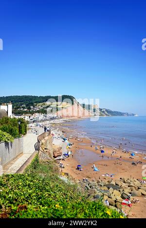 Vista sopraelevata lungo la spiaggia con vista della città e delle scogliere di Pennington Point viste da Jacobs Ladder, Sidmouth, Devon, Regno Unito, Europa. Foto Stock