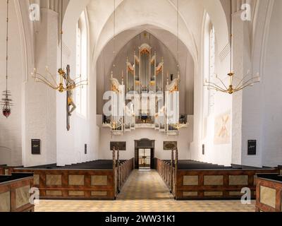 Interno della chiesa parrocchiale di Mariager con organista che suona l'organo a canne aubertin, Nordjylland, Danimarca Foto Stock